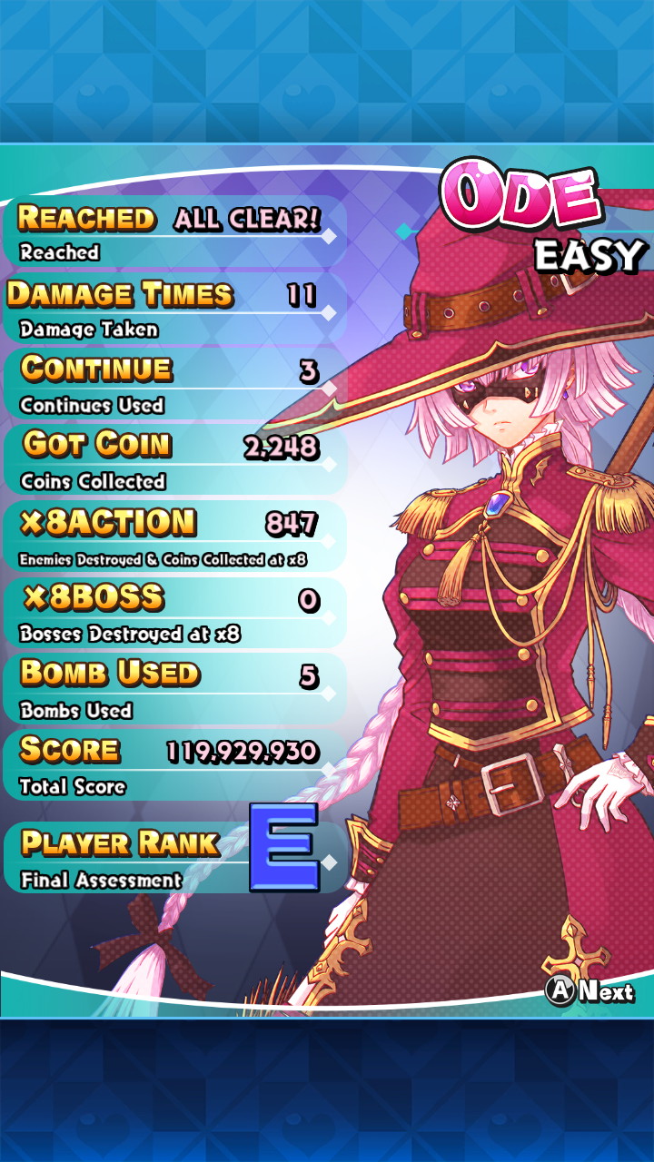 Screenshot: Sisters Royale detailed score of the character Ode on Easy difficulty showing a score of 119 929 930, rank E